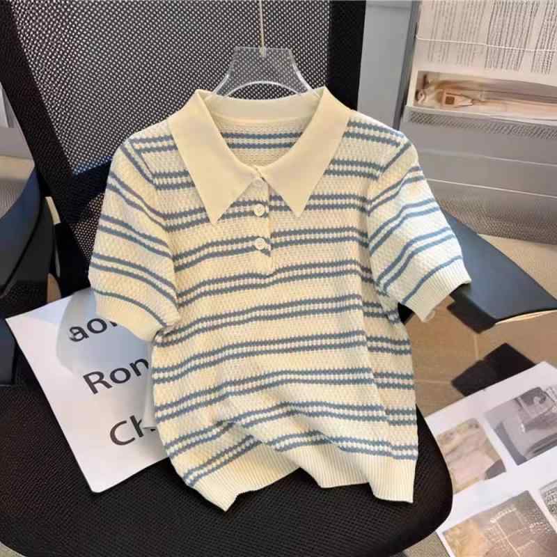 Tシャツ レディース 接触冷感 半袖 2024年春夏 薄手 ストライプ柄 Polo襟 ニット トップス ブルー系