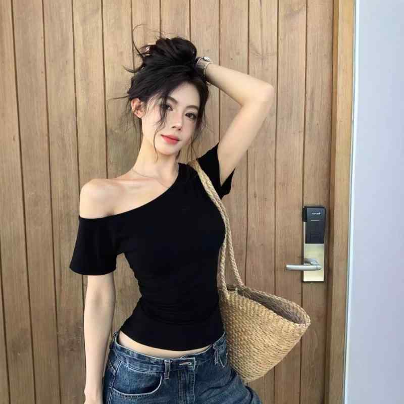 Tシャツ レディース 半袖 斜めがけ 肩出し トップス カットソー 修身 綿 かわいい 白 黒 青 接触冷感 吸湿速乾 普段使い