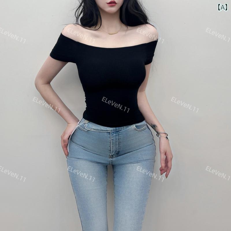 Tシャツ レディース トップス 半袖 ショート丈 高級感 無地 肩出し セクシー インナー ブラック ホワイト レッド ブルー ベージュ グリーン パープル ピンク