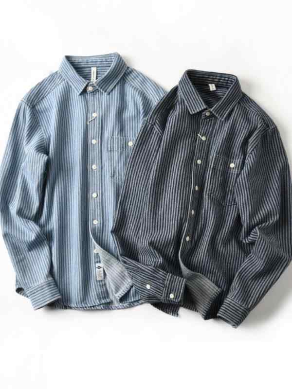シャツ メンズ 男性用 トップス 水洗 美式 ワーク 長袖 デニム ストライプ 浅ブルー 濃いブルー オフホワイト ゆったり 春