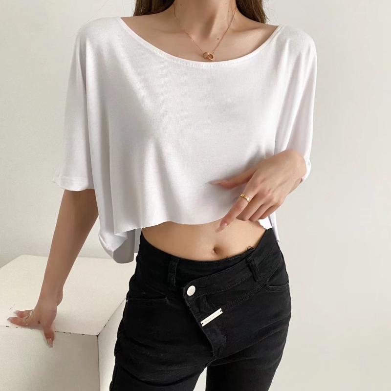 Tシャツ レディース アメリカンスタイル 怠惰風 オフショルダー ゆったり ショート丈 半袖 カットソー 接触冷感 吸湿速乾 ブラック ホワイト グレー ベージュ系