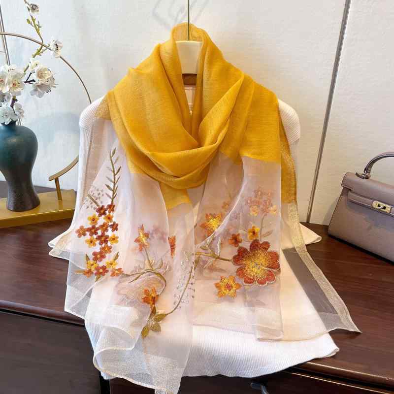 ストール レディース 春夏 シルク ウール 刺繡 花柄 