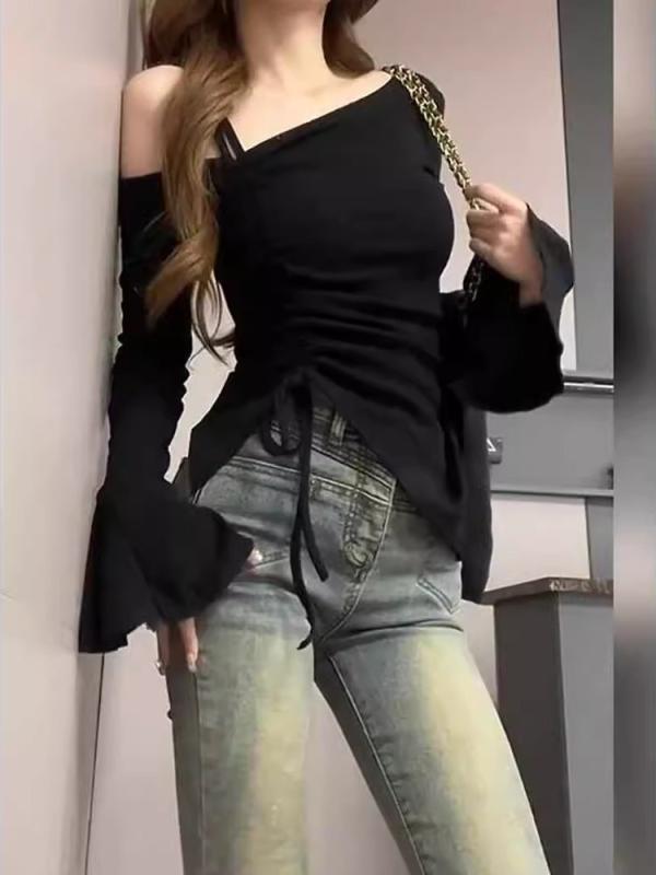Tシャツ レディース 不規則 長袖 トップス カットソー 肩出し スリム 無地 ポリエステル 普段使い 私服 デート 秋冬 ブラック 黒 オフ..