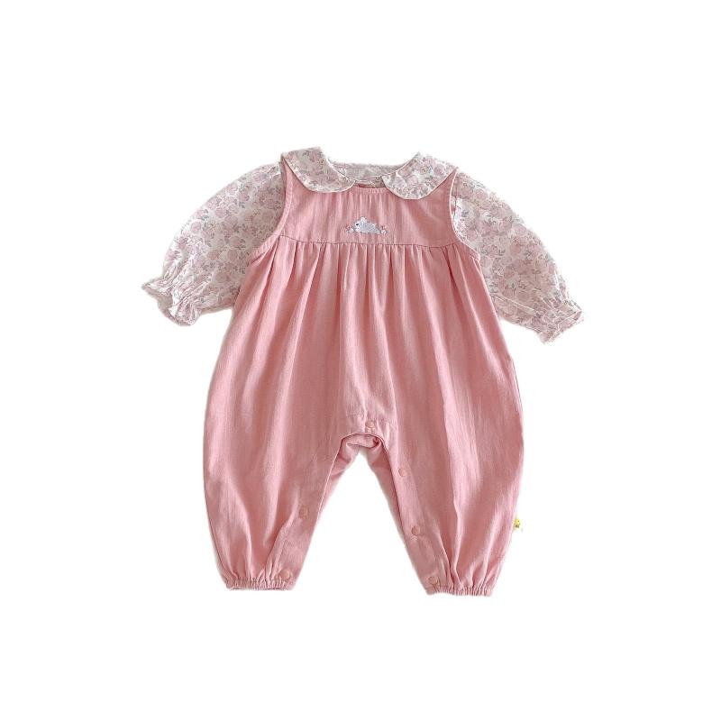 ベビー服 女の子 刺繍入り サロペット パンツセット 小花柄 うさぎ耳 長袖シャツ 2点セット コットン ピンク系 春秋 66cm 73cm 80cm 90cm 100cm