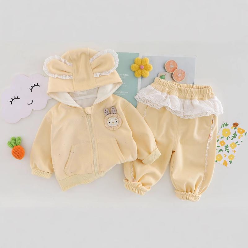 子供用パンツセット 春秋 ベビー服 2点セット 長袖 トップス パンツ 上下セット かわいい ウサギ柄 裏起毛 幼児 普段着 ベージュ系