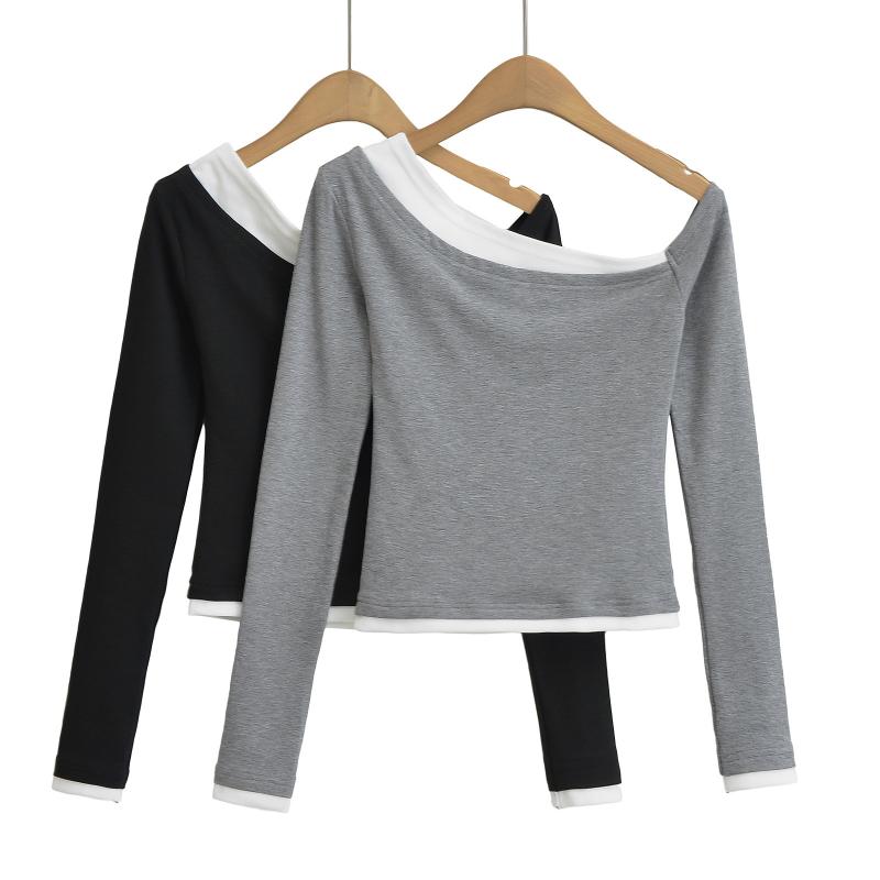 Tシャツ レディース 秋冬 長袖 アメリカンカジュアル ストリート 斜めがけ 肩出し 配色 切り替え 裏起毛 トップス 綿混紡