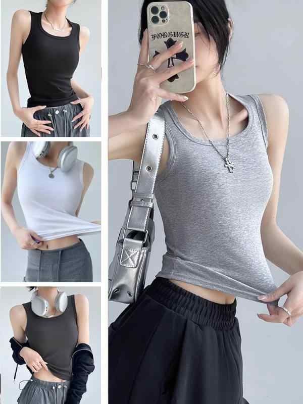 タンクトップ レディース スリムフィット インナー レイヤード トップス 綿 ノースリーブ Uネック 黒 ..