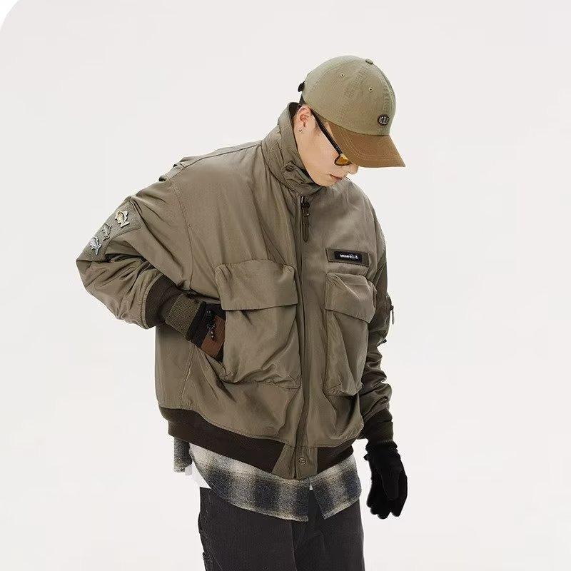 ジャケット 男性用 スタンドカラー ブルゾン カーキ色 グレー 無地 ポリエステル サイドポケット