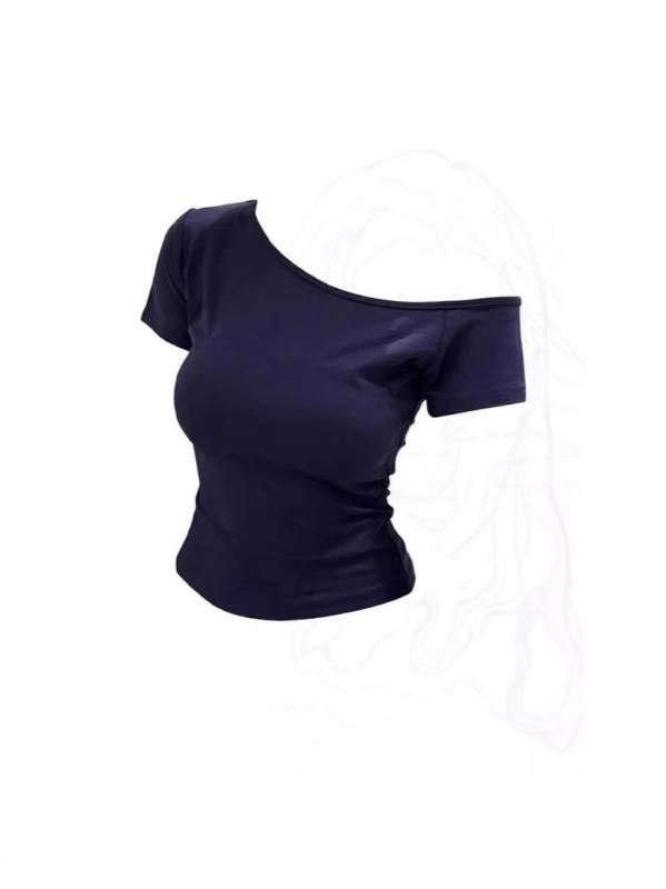 Tシャツ レディース 半袖 オフショルダー スリム 無地 トップス ポリエステル 接触冷感 通勤 美シルエット 紺色 ネイビー系