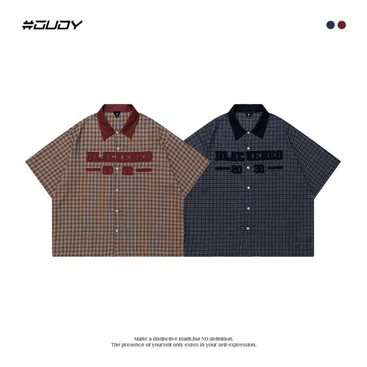 シャツ メンズ 半袖 美式 レトロ チェック柄 コットン カジュアル トップス 配色 ゆったり 5分袖 赤 青