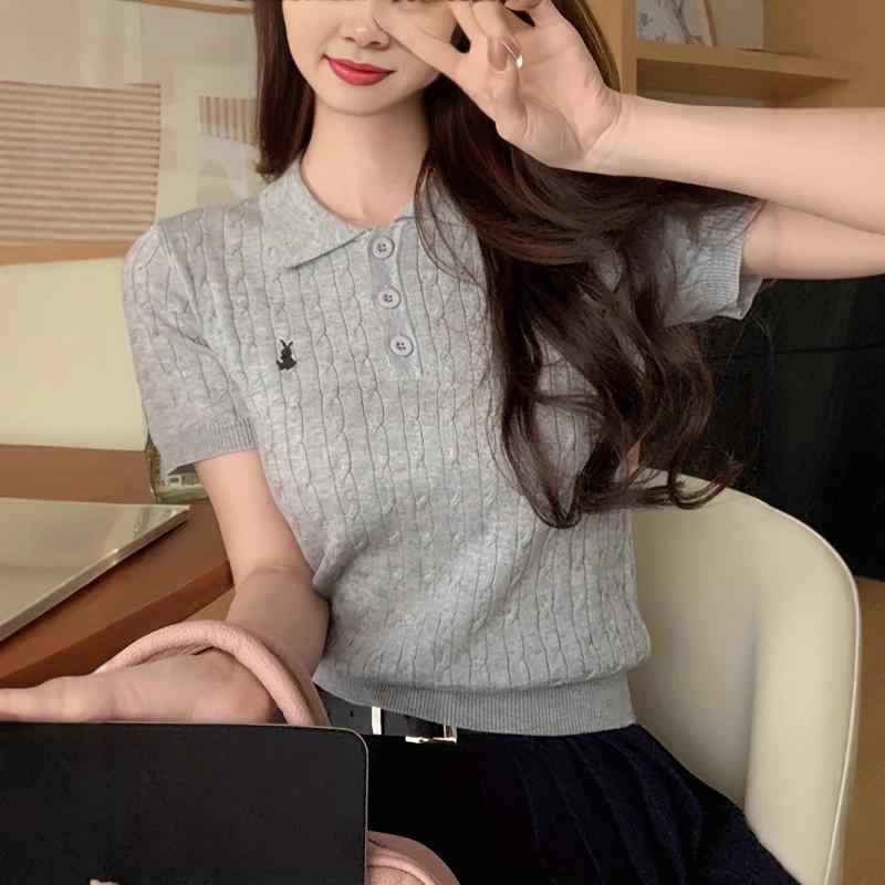 ニット レディース 半袖 サマーニット トップス 薄手 接触冷感 涼しい リブニット うさぎ ワンポイント かわいい カジュアル オフィスカジュアル 春夏 ホワイト グレー イエロー ミントグリーン ブルー ピンク系