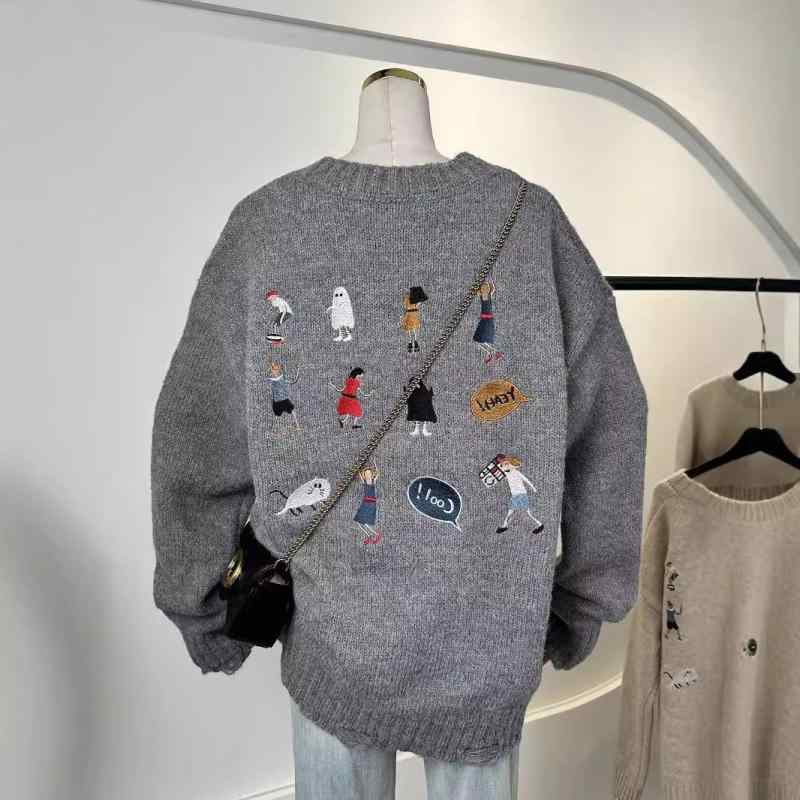 ニット レディース 秋冬 レトロ 背面刺繡 カーディガン プルオーバー ゆったり かわいい グレー カーキ 普段使い デート