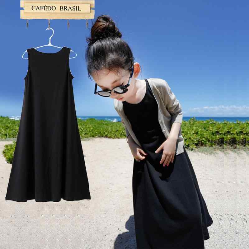 ワンピース ガールズ キッズ 子供服 ビーチワンピース ノースリーブ Aラインスカート コットン 無地 100cm 110cm 120cm 130cm 140cm 150cm 160cm 170cm イエロー ダークブルー ブラック オレンジ グレー