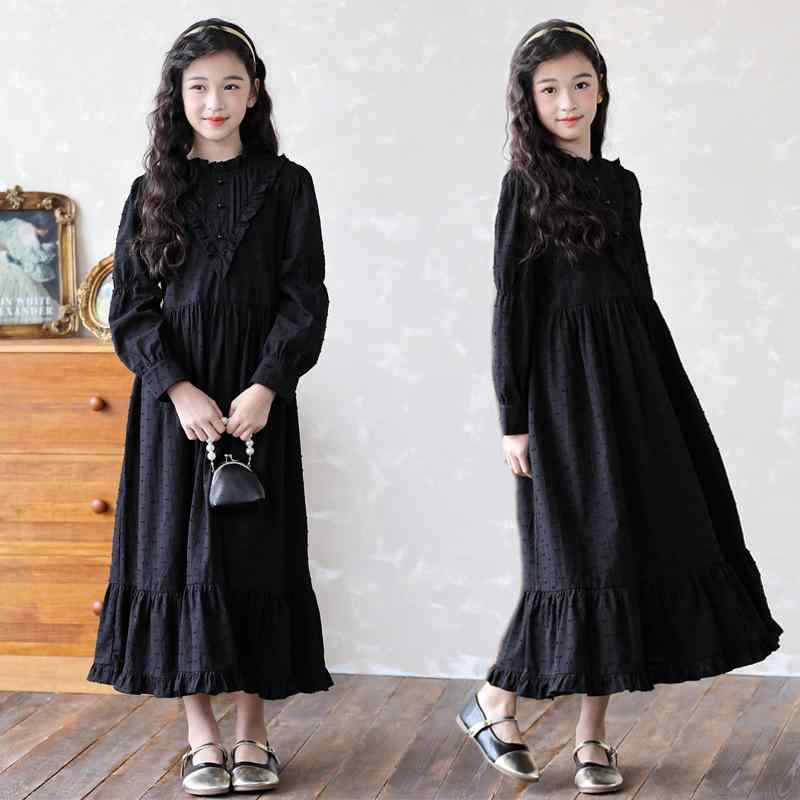 ワンピース ガールズ キッズ 2024年 秋冬 ブラック 木耳フリル 立ち襟 長袖 Aライン ミモレ丈 コットン..
