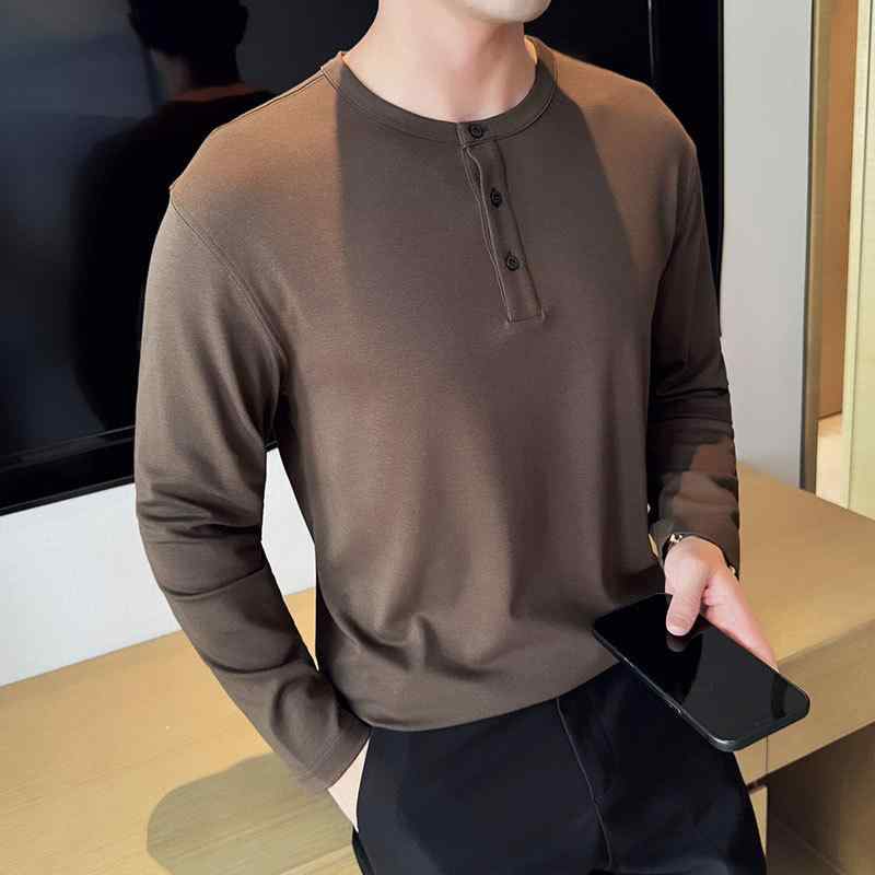 Tシャツ メンズ 長袖 ヘンリーネック カットソー コットン混紡 無地 スリムフィット インナー 秋冬 春 カジュアル トップス 白 黒 紺