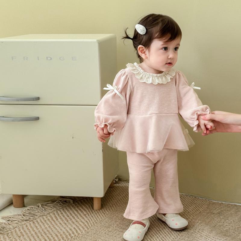 키즈 팬츠 셋업 가을 긴 소매 인형 셔츠 벨바텀 2점 상하 세트 여자 아이 옷 유아 귀여운 3세 4세 5세 6세 7세 8세 면 크림 베이지 핑크 블루
