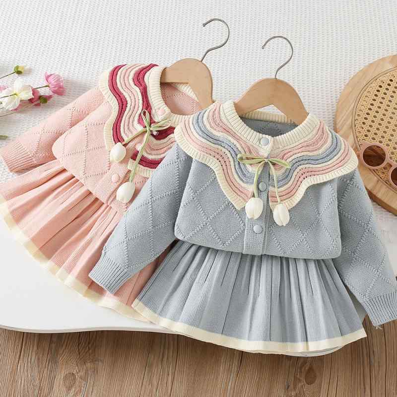 キッズ ニット カーディガン & スカート セットアップ 秋冬 長袖 襟付き 配色 女の子 子供服 かわいい 普段着