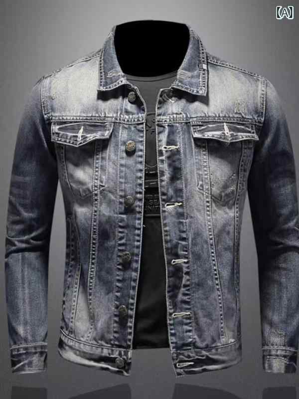 ジャケット メンズ デニム 春秋 韓国風 スリム レトロ 配色 切り替え Gジャン ブルゾン アウター カジュアル 長袖 普段使い ブルーグレー