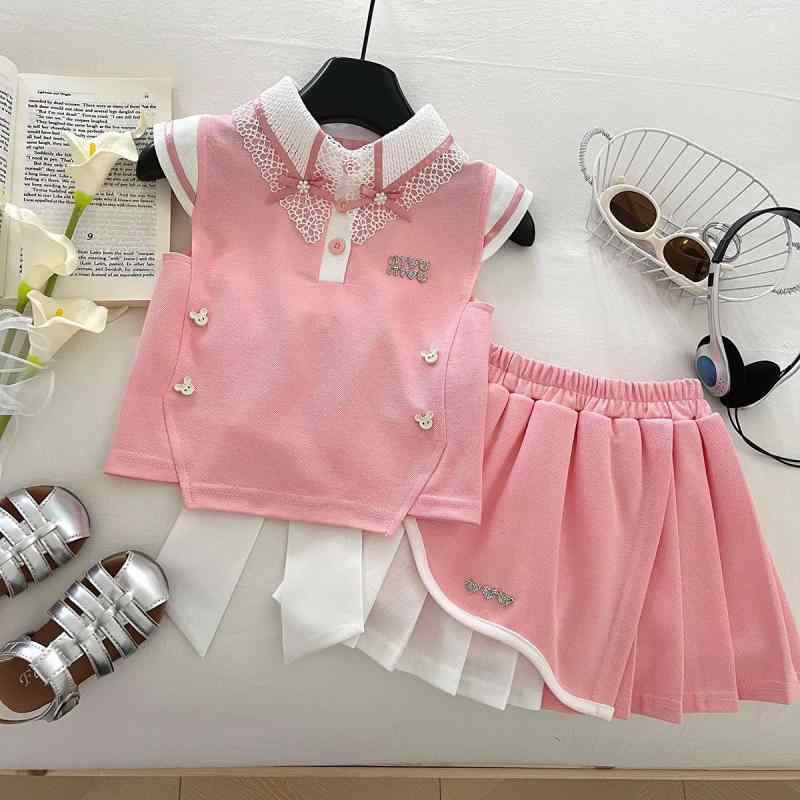 子供用セットアップ 女の子 レース襟 トップス プリーツスカート 2点セット 薄手 春夏 かわいい ガールズ キッズ カジュアルスタイル