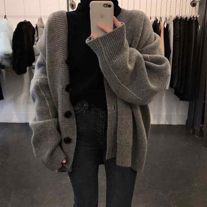 ニットカーディガン レディース ゆったり Vネック 羊仔毛風 灰色系 グリーン系 米白系 レンガ色系 秋冬..