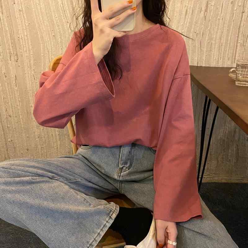 Rakuten - Tシャツ レディース 長袖 ゆったり かわいい ポリエステル トップス カットソー ラウンドネック プルオーバー 無地 ブラック グリーン パープル ホワイト レッド グレー ブルー ピンク オレンジ 春秋