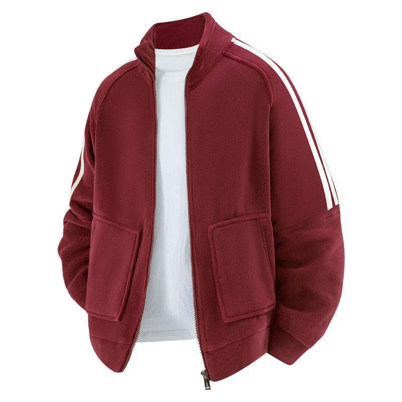 ジャケット メンズ 男性用 秋冬 ストライプ柄 ゆったり 厚手 スタンドカラー アウター 灰色 黒色 茶色 ワインレッド