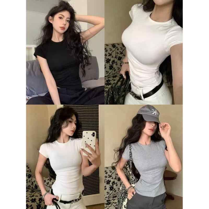 Tシャツ レディース 半袖 夏 韓国風 無地 トップス スリム 伸縮性 ストレッチ カットソー ポリエステル 高腰 白 黒 ピンク系 グレー 紫 薄緑 赤