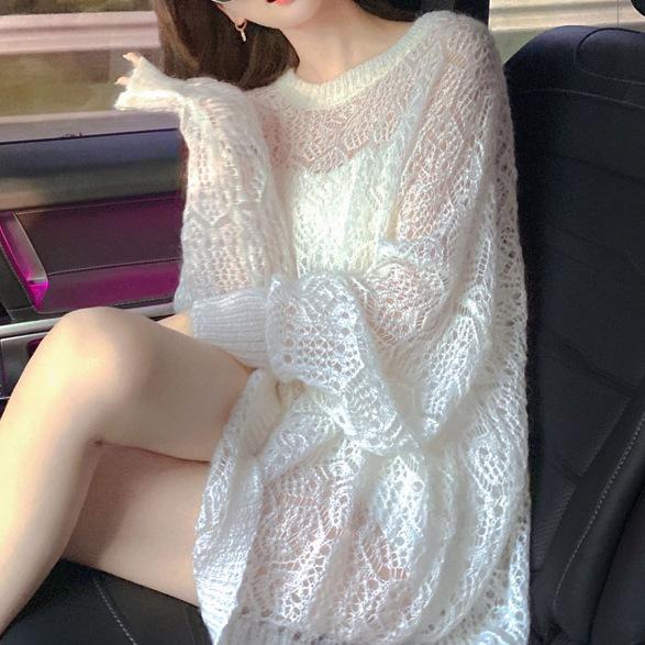 ニット レディース 春秋 薄手 ケーブル編み チュニック丈 セーター 長袖 丸首 プルオーバー ゆったり オフホワイト ポリエステル