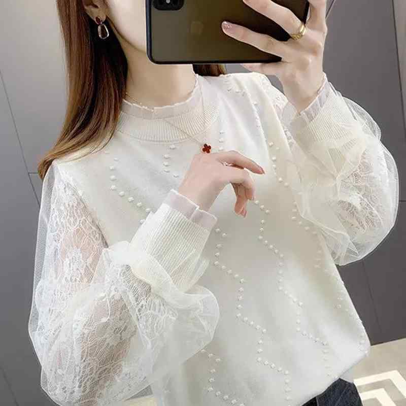 ニット レディース 春秋 Vネック レース 切り替え 長袖 トップス 薄手 プルオーバー チュニック カットソー ゆったり 普段使い 韓国風 かわいい 白色 黒色 灰色 杏色