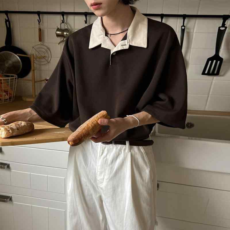 Tシャツ メンズ 男性用 レトロ 配色 半袖 ポロシャツ 韓国風 デザイン ゆるシルエット 通勤 トップス カットソー コットン ブレンド 通気性 コーヒー色