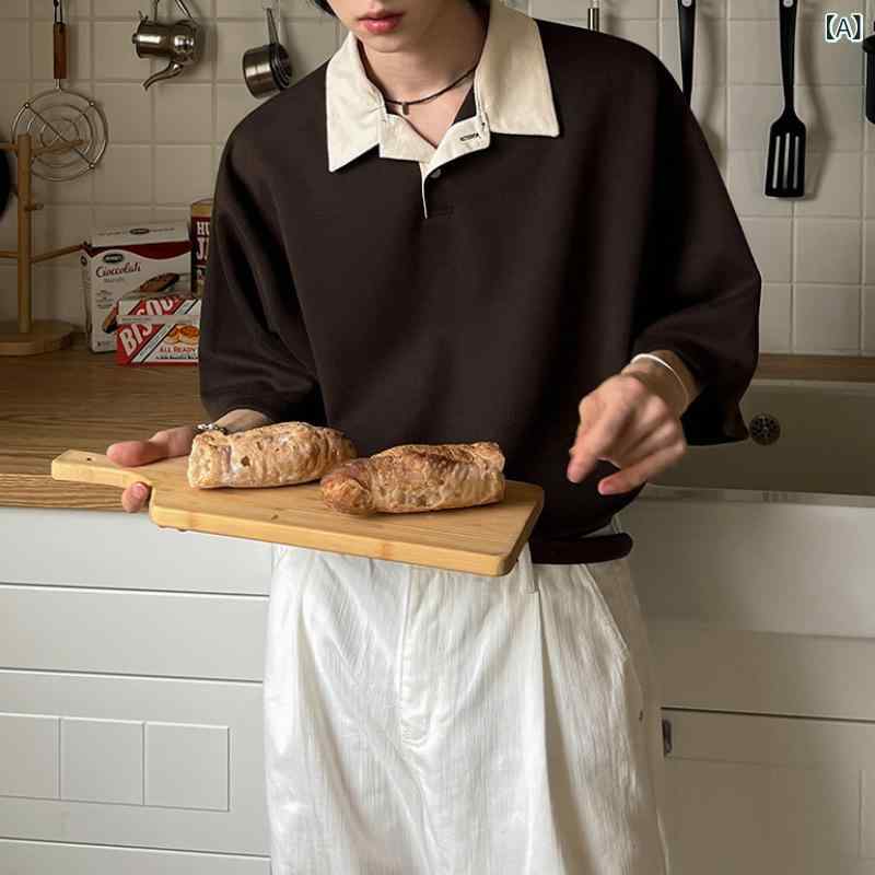 Tシャツ メンズ 男性用 レトロ 配色 半袖 ポロシャツ 韓国風 デザイン ゆるシルエット 通勤 トップス カットソー コットン ブレンド 通気性 コーヒー色