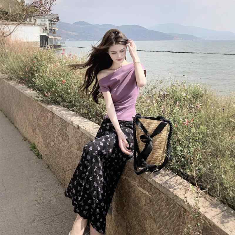 Tシャツ レディース 半袖 オフショルダー 着痩せ プリーツ ハイウエスト 花柄 スカート セットアップ ポリエステル 上下セット 春夏