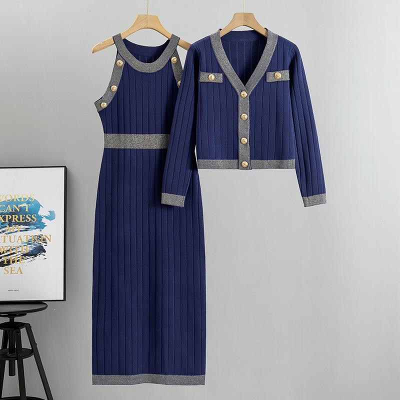 ニット レディース カーディガン 長袖 配色 アンサンブル ワンピース セットアップ ビスコース 春秋冬 エレガント 上品 きれいめ