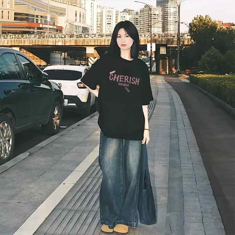 Three-Quarter - Tシャツ レディース 半袖 カットソー 綿 プリント ゆったり ラウンドネック 春夏 カジュアル トップス 白 黒 杏色 グレー