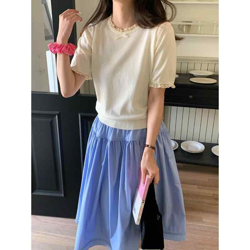 ニット レディース 韓国風 レース 切り替え シルク ウール 半袖 トップス 紺色 ネイビー アイボリー ライトグレー エレガント 通勤