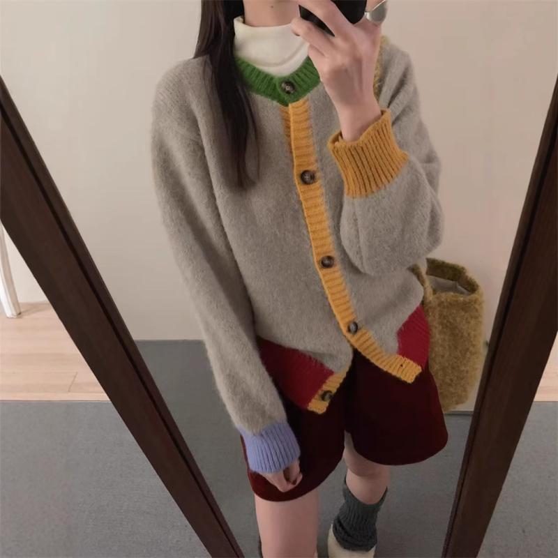 ニット レディース 秋冬 ニットカーディガン ゆったり 暖か 厚手 配色 ラウンドネック 長袖 ショート丈..