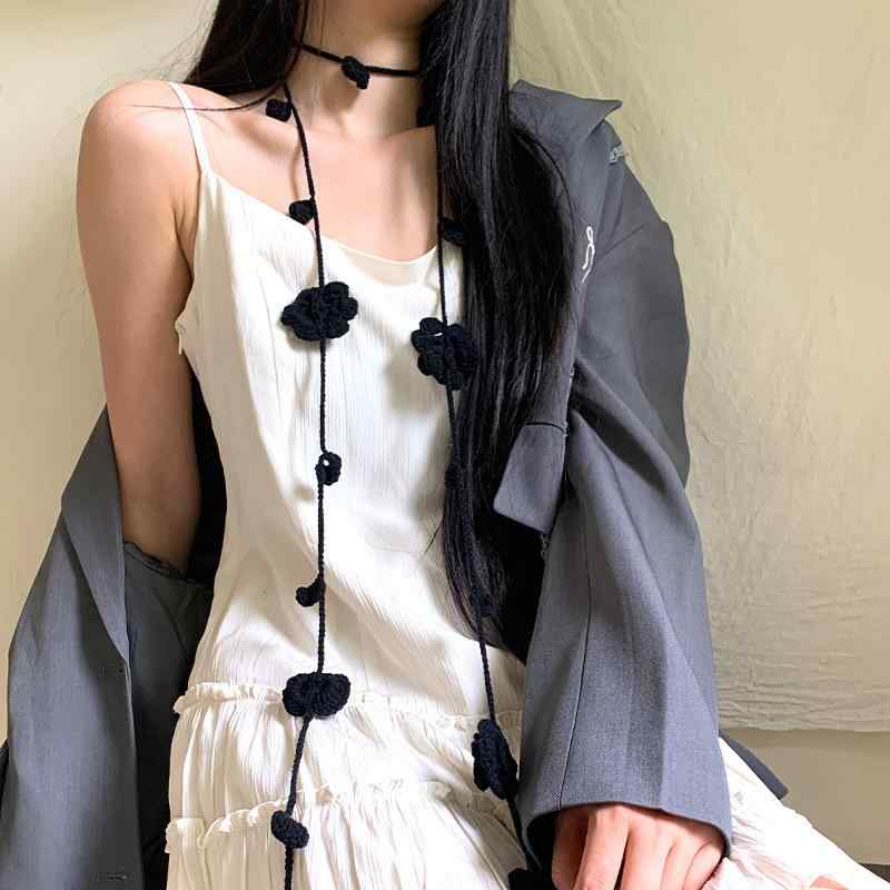 ストール レディース バラ柄 手編み レトロ アクリル ニット 細め ロング 保温 襟巻き ブラック レッド ベージュ