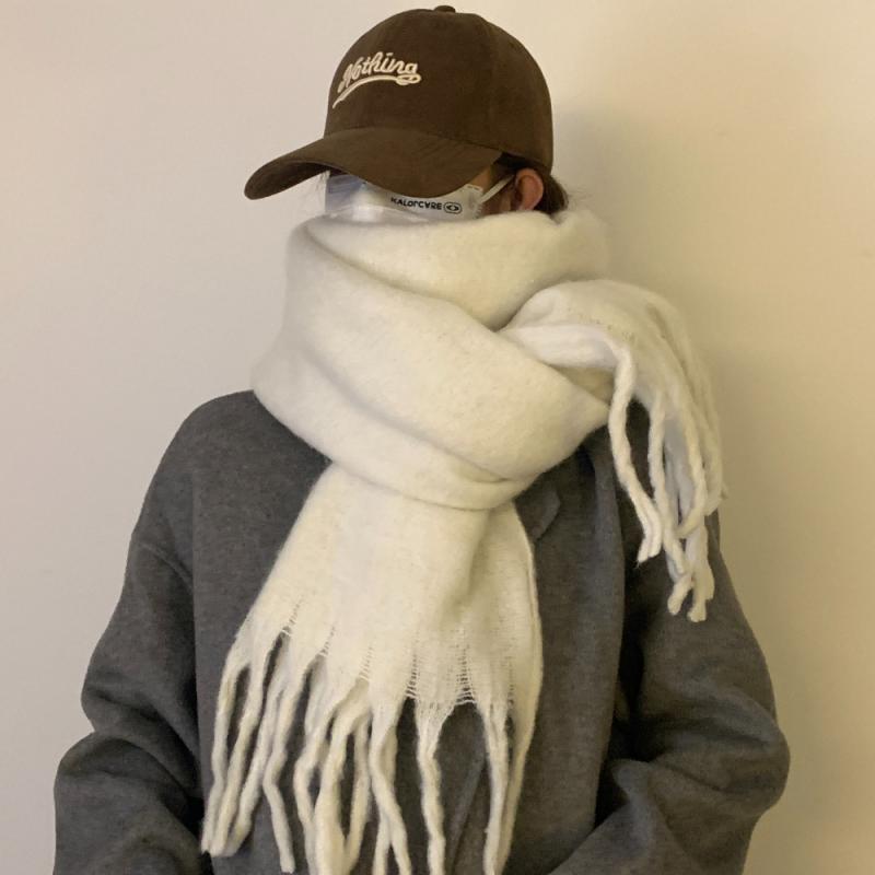 マフラー レディース 秋冬 大判 ストール ショール 粗編み 暖かい 防寒 米白色 浅藍色 宝藍色 カキ色 クリームグレー ワインレッド ブラック 桃ピンク 鵝黄色 深灰色 クリームオレンジ デニムブルー ポリエステル 無地 かわいい きれいめ 韓国風