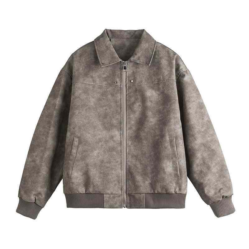 ジャケット メンズ 男性用 レザージャケット ブルゾン 秋冬 焦げ茶色 ブラウン系 ゆったり 大きめサイズ 襟付き ジップアップ ポケット