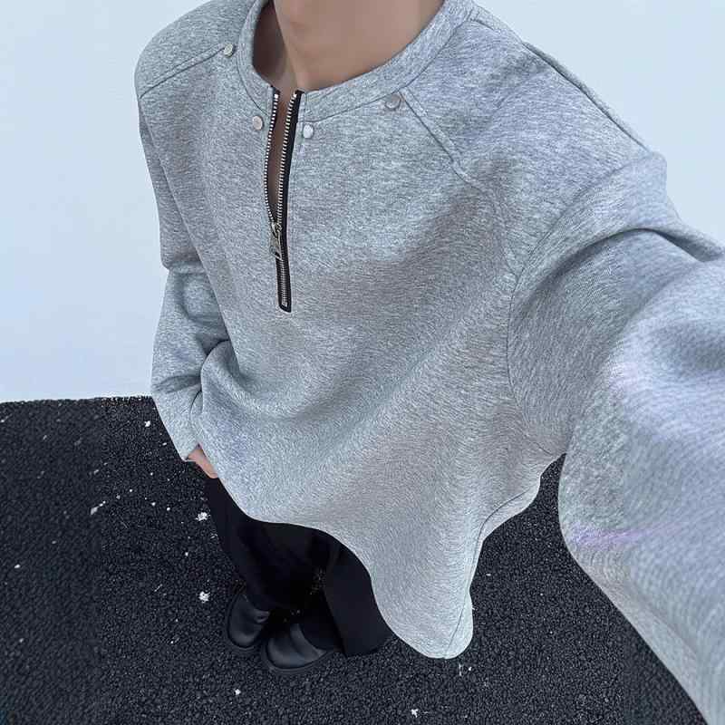 Tシャツ メンズ 美式ストリート 長袖 ハーフジップ スタッズ 肩パッド付き トレーナー プルオーバー 春秋 ルーズフィット ブラック グレー 綿混紡(4.0)