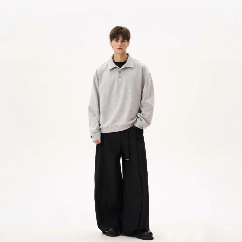 スウェット 男性用 POLOシャツ トップス 春秋 纯色 リブ 襟付き 長袖 カットソー プルオーバー ゆったり グレー ブラック コットン混紡