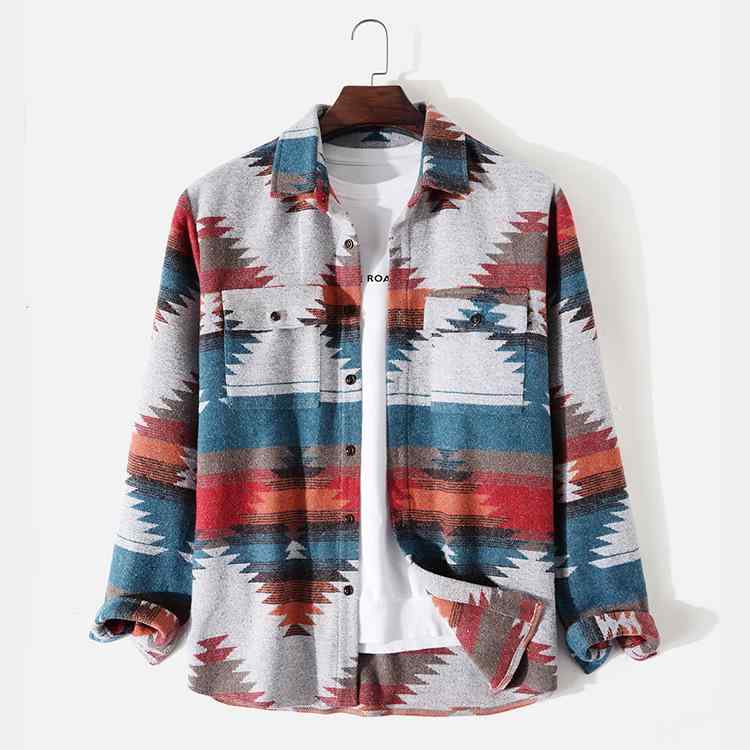 ジャケット メンズ 男性用 長袖 襟付き コットン プリント 春秋 普段使い グレー(4.0)