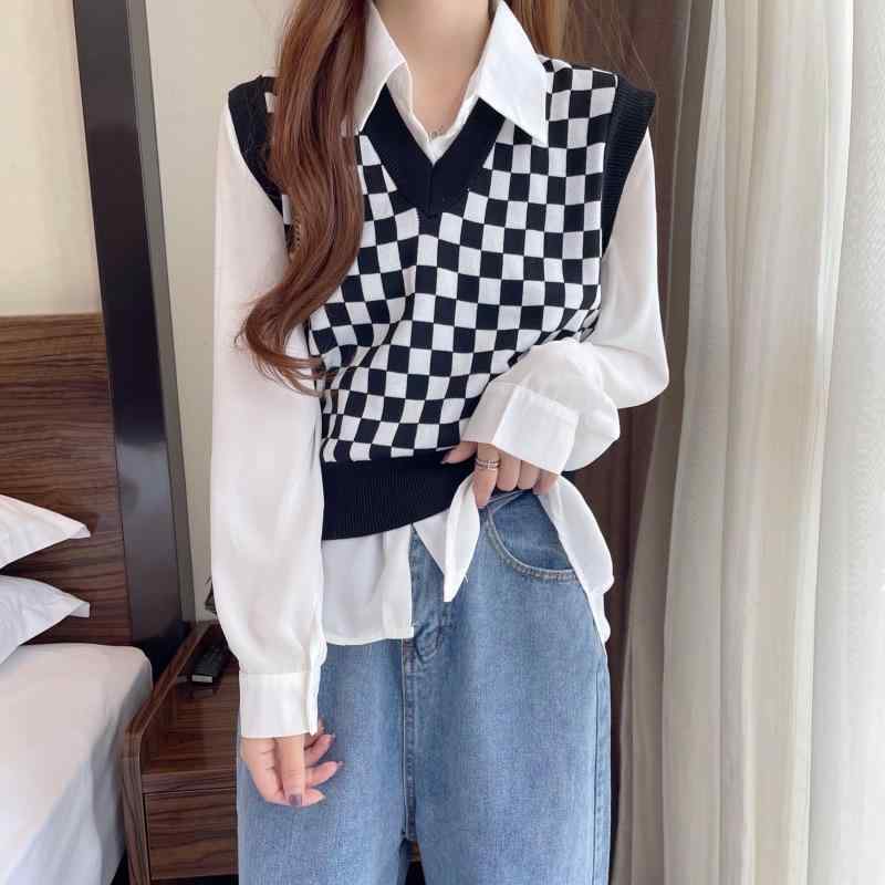 ニット レディース 韓国風 Vネック チェック柄 ベスト トップス ゆったり チュニック プリンセススリー..