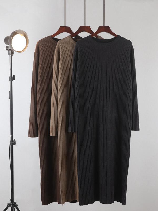 ワンピース レディース 秋冬 ラウンドネック 膝丈 ニットワンピース ゆったり 厚手 長袖 チュニック 粘胶纤维 レーヨン混紡 ブラック ブラウン コーヒー 炭グレー 灰緑 グレー カーキ オートミール