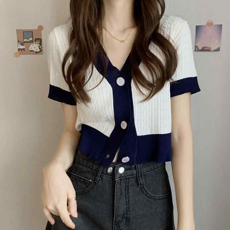 ニット レディース 半袖 Vネック レトロ サマーニット トップス 薄手 配色 襟付き カットソー サマーカ..