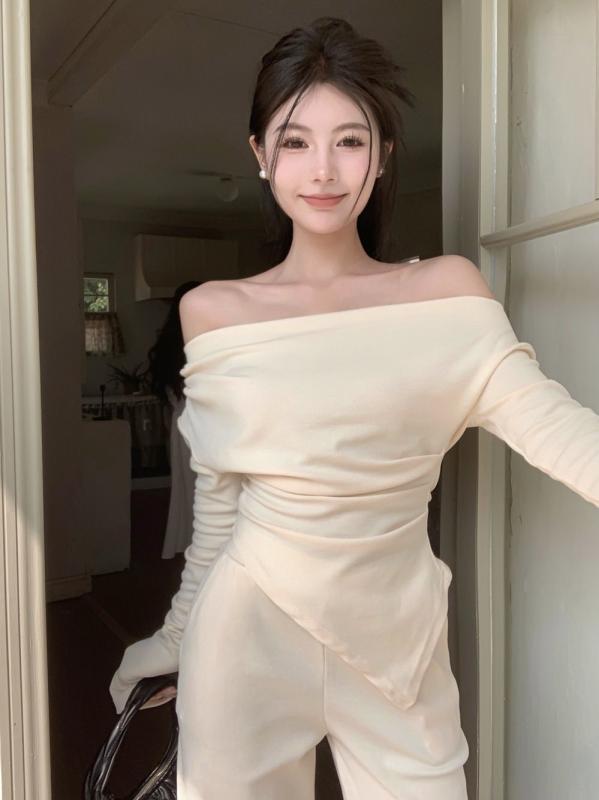 Tシャツ レディース 春秋冬 一字肩 長袖 スリムフィット 無地 カットソー トップス インナー 接触冷感 保温性 韓国風 カジュアル かわいい おしゃれ 米杏 ブラック グレー