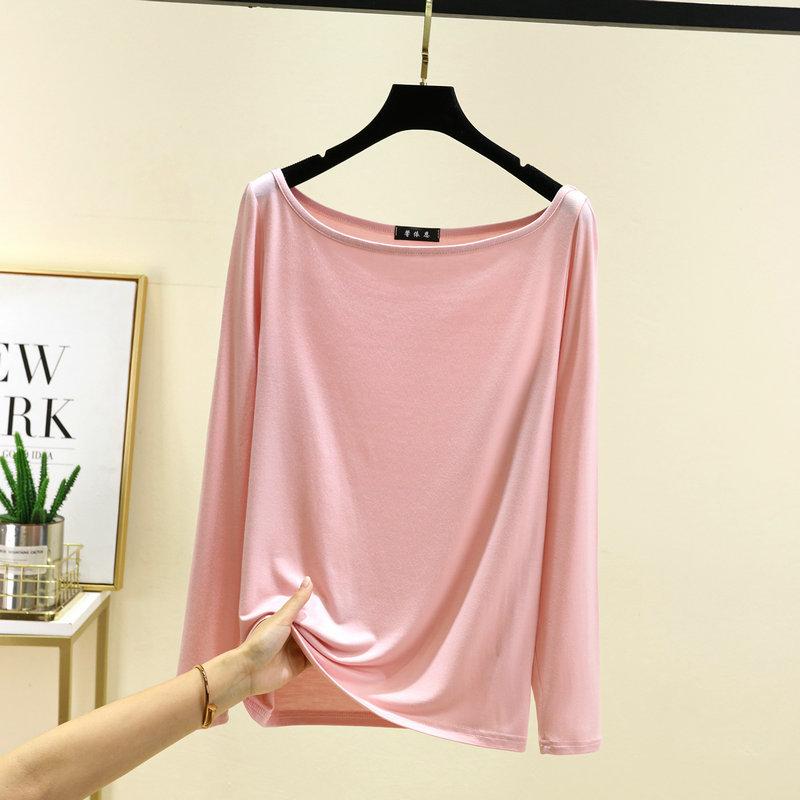 Tシャツ レディース 春物 薄手 トップス インナー スリム 大きいサイズ 無地 オフショルダー 長袖 モダール 接触冷感 通勤 リラックス 普段使い 淡いピンク 水色 アイボリー ベージュ カーキ グレー コーヒー デニム