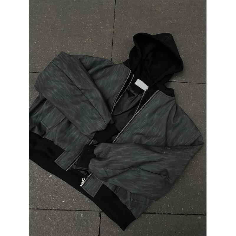 ジャケット メンズ フェイクレイヤード フード付き レザージャケット アウター アメリカンレトロ ワークウェア ミリタリースタイル ブラック系