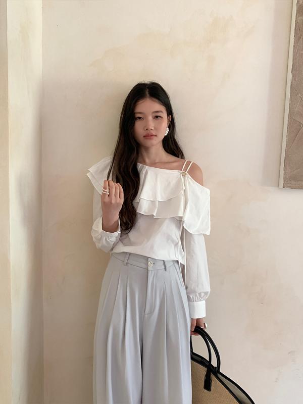 シャツ レディース 一文字襟 トップス 荷葉フリル 長袖 無地 切り替え 法式風 ブラウス きれいめ かわいい ホワイト系