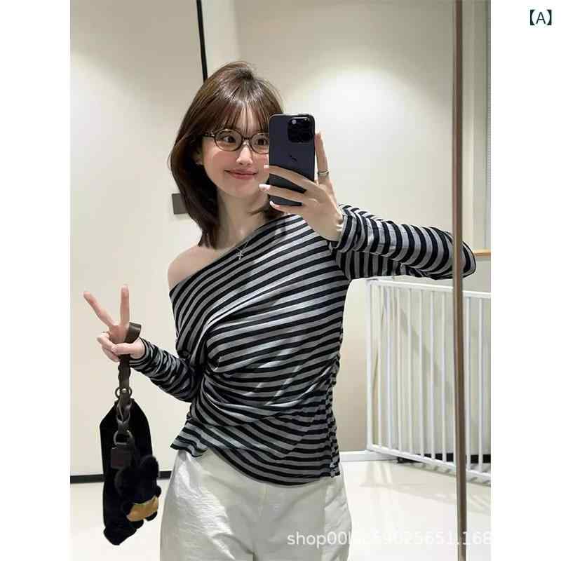 Tシャツ レディース 韓国風 ボーダー アシンメトリー 長袖 トップス スリムフィット カットソー ポリエステル 日韓スタイル カジュアル..